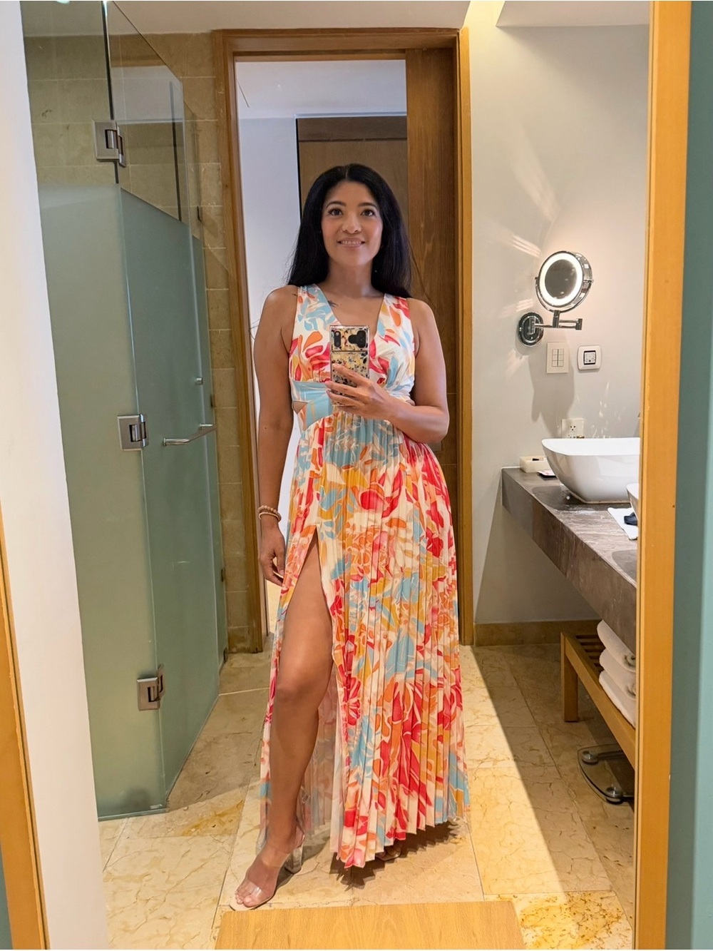 Floral V-Neck Pleated Maxi Dress with Front Slit - Multicolor